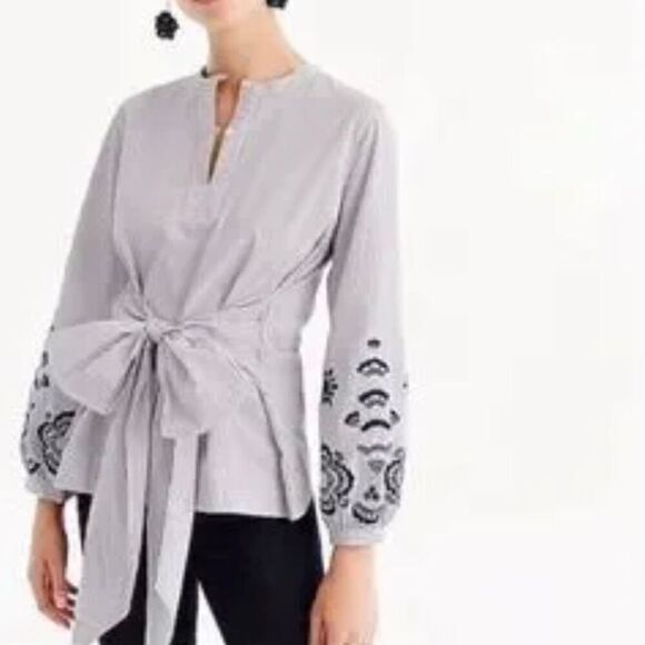 J.Crew striped embroidered tie front blouse size M - Picture 1 of 13